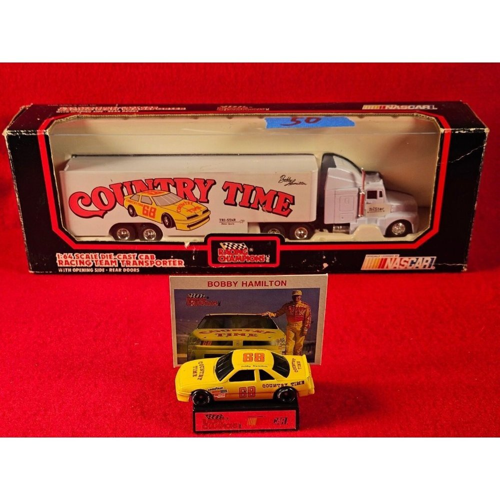 BOBBY HAMILTON NASCAR TRANSPORTER BUNDLE w/MATCHING STOCKCAR & PLAYER CARD Yello